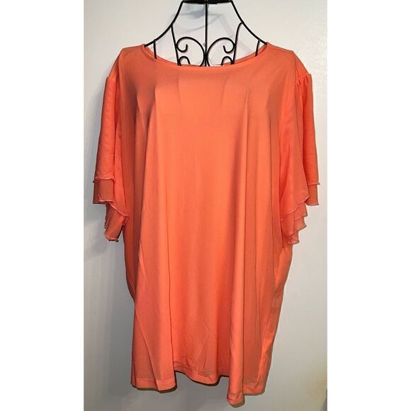 Stretch Mesh And Stretch Challis Crew Neck Double Flutter Sleeve Top (Sz 1) - Picture 2 of 6